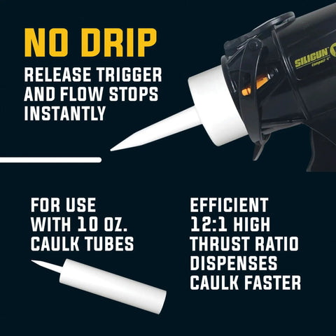 Image highlighting Compact Anti Drip Caulking Gun With Extreme Duty Build Lightweight ABS Frame, 4-inch, no drip, for 10 oz caulk tubes.