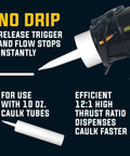 No Drip Caulking Gun For Easy Seals illustrates no drip feature, 10 oz tube use, black ABS frame, 12:1 thrust ratio.