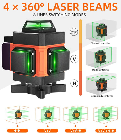 High Precision Laser Level With 72 Inch Tripod And 16 Line 360 Degree Coverage Self Leveling Green Laser With Remote Control, Dual Batteries, And Carry Bag For Construction, Tiling, And Home Renovation, 4x360° beams