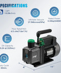 PB Motor TECH 4.5 CFM vacuum pump with 3-way manifold gauge; black body, green oil cap (front view)