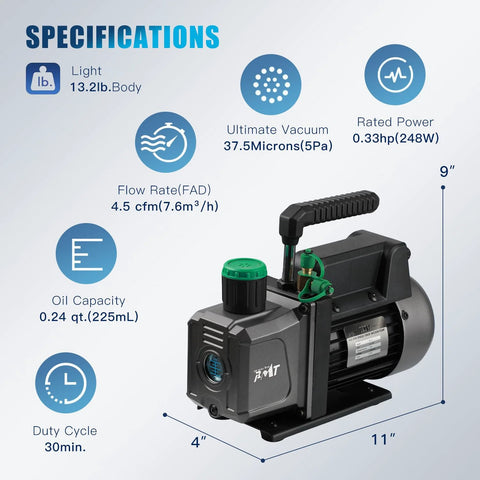PB Motor TECH 4.5CFM vacuum pump with 3-way R1234yf gauge set; compact black unit with green cap and top handle