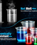 Plastic Graduated Cylinders And Beakers Kit With 5 Pipettes, showing steam emitting, colorful liquids, and chemical resistance features.