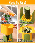 French fry cutter in yellow and green with crinkle blade, hand-operated vegetable chopper four-step usage collage