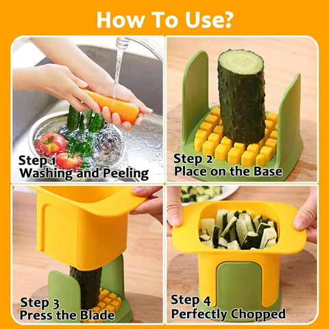 French fry cutter in yellow and green with crinkle blade, hand-operated vegetable chopper four-step usage collage