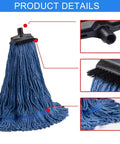 No-Sweat Heavy-Duty Mop Head Replacement, Screw-On Wet Industrial Cotton String Refill With Stiff Bristles, close-up of blue cotton mop head.