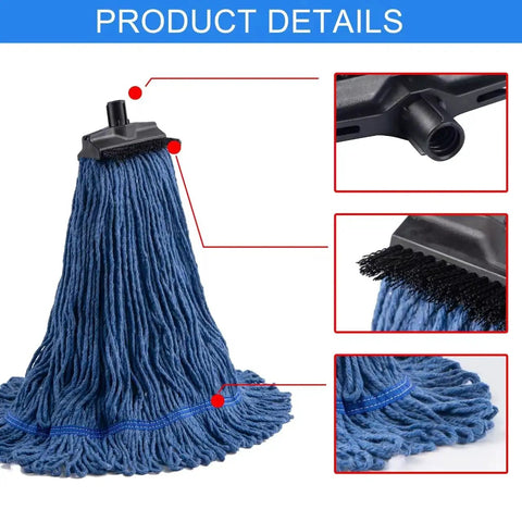 No-Sweat Heavy-Duty Mop Head Replacement, Screw-On Wet Industrial Cotton String Refill With Stiff Bristles, close-up of blue cotton mop head.