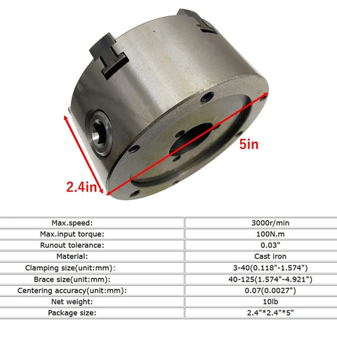 Six-jaw lathe chuck, 125mm, self-centering, cast iron, angled side view for CNC machines