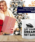 11oz White Nautical Coffee Mug Lets Your Dreams Set Sail next to women holding holiday gifts by a decorated Christmas tree