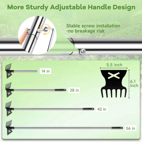 56 inch yard workhorse adjustable handle for 2 In 1 Garden Hoe And Cultivator Weeding Rake with long sturdy design and markings.