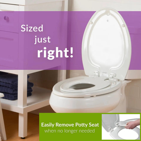 NextStep2 Toilet Seat With Built-In Toddler Potty Training Seat in use on a white round toilet, showing easy removable kid seat feature.