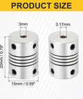 Four Pack Dope Flexible Shaft Couplings 15 by 20mm Aluminum Alloy Motor Couplers For 3D Printer And CNC Machines Bore 3mm To Three Point Seventeen Millimeter Encoders DIY Projects Smooth Drive Linkage Easy Install with detailed sizes