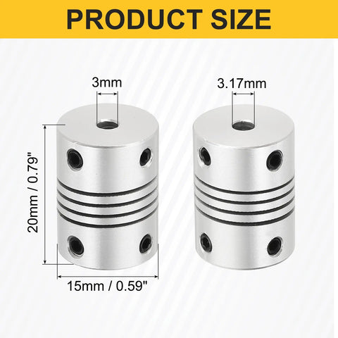 Four Pack Dope Flexible Shaft Couplings 15 by 20mm Aluminum Alloy Motor Couplers For 3D Printer And CNC Machines Bore 3mm To Three Point Seventeen Millimeter Encoders DIY Projects Smooth Drive Linkage Easy Install with detailed sizes
