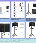 Assembly guide for Pro Grade Microphone Isolation Shield With Pop Filter And Tripod Stand showing setup steps and components.