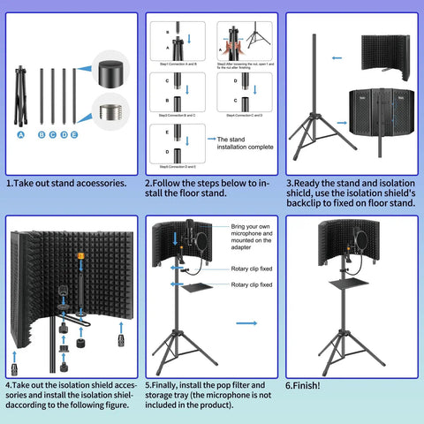 Assembly guide for Pro Grade Microphone Isolation Shield With Pop Filter And Tripod Stand showing setup steps and components.