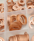 Close-up of 300Pcs Copper Flat Washers Sealing Washers Kit in 12 Sizes, metric crush washers, in plastic organizer