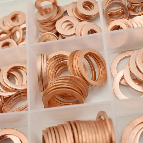 Close-up of 300Pcs Copper Flat Washers Sealing Washers Kit in 12 Sizes, metric crush washers, in plastic organizer