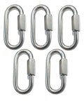 Beefy 5 Pack M6 Quick Link Set - 316 Stainless Steel Screw-Lock Oval Chain Connectors, Heavy Duty Marine Grade Saltwater Ready For 1 Eighth Wire Rope, Cable Railing, Boat Rigging, Outdoor Hanging Hardware, five quick links on white background