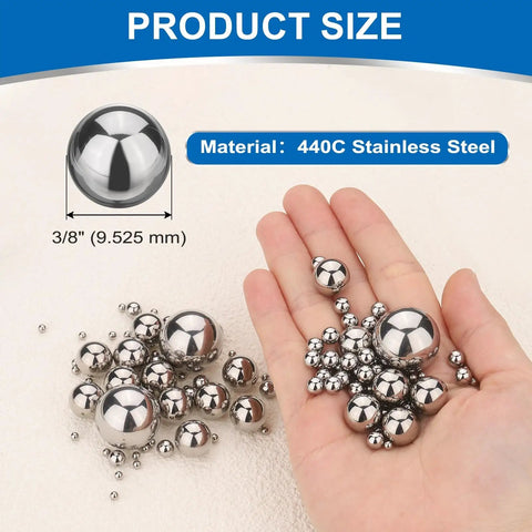 Rock Solid 10 Pack 3/8 Inch Mirror Polished Bearing Balls Machined From Beefy 440C Stainless Steel And Rated G10 Precision in hand.