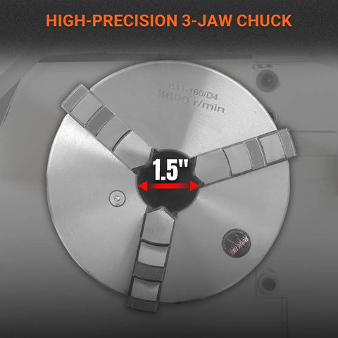 Mechmaxx Metal Lathe Machine 11By30High Precision Benchtop With Brushless Motor And Variable Speed 0-2000 RPM high-precision 3-jaw chuck with 1.5-inch opening.