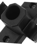 Close-up view of a black heavy duty furniture leg mount bracket corner connector, part of a 4 pack for chair and table repairs.