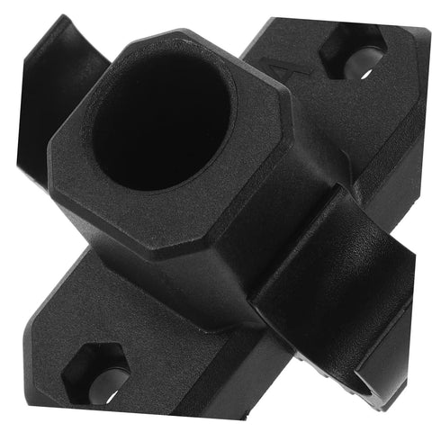 Close-up view of a black heavy duty furniture leg mount bracket corner connector, part of a 4 pack for chair and table repairs.