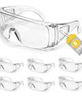 Six Pack Of Crystal Clear Safety Glasses Over Eyeglasses With Kickass Impact Resistant Polycarbonate Lenses, No Sweat ANSI Z87.1 Protective Eyewear For Hard Hat Jobs, Construction, And Backyard Chores displayed with a tag showing six pairs.