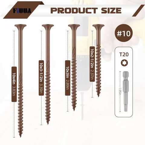 Top Shelf Hella Weather Resistant Deck Screws For Outdoor Construction Heavy Duty Star Drive Wood Screws With T25 Bit Included Rust Proof Brown Timber Fasteners size #10 with measurements shown.