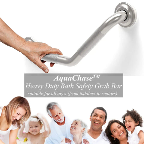 Heavy Duty 1-1/4 Inch Knurled Bath Grab Bar, ADA Compliant Shower Handrail, Wall Mount Mobility Aid For Seniors And Disabled, Stainless Steel SUS304, Rustproof 500 Pound Support next to happy family