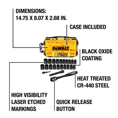 Impact Socket Set With Ratchet Pro Grade For Tough Jobs One Half Inch Drive Includes Metric And SAE Sizes Twenty Three Piece Kit Case