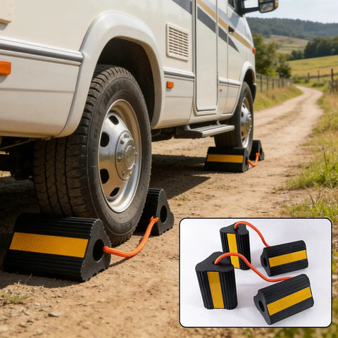 Heavy Duty Rubber Wheel Chocks For RV And Trailer 4 Pack With Rope And Reflective Strips Non Slip Grip Tire Stopper on RV