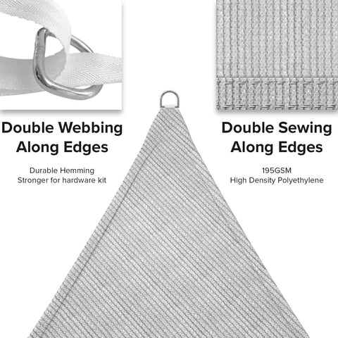 Triangle Sun Shade Sail 6 Feet By 6 Feet By 6 Feet Outdoor UV Blocking Canopy, light gray HDPE fabric, edge detail shown