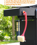 Bristle Free Grill Brush With Scraper For Outdoor Grilling Steam Cleaning Kit hanging on a black grill, red handle focus