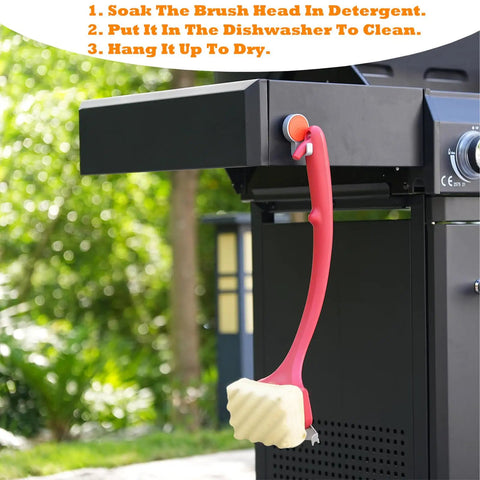 Bristle Free Grill Brush With Scraper For Outdoor Grilling Steam Cleaning Kit hanging on a black grill, red handle focus