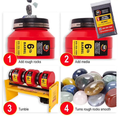 Triple Barrel Rock Tumbler Kit 18Lb Capacity Pro Grade Heavy Duty Polisher With Grit showing 6lb red barrels and process steps