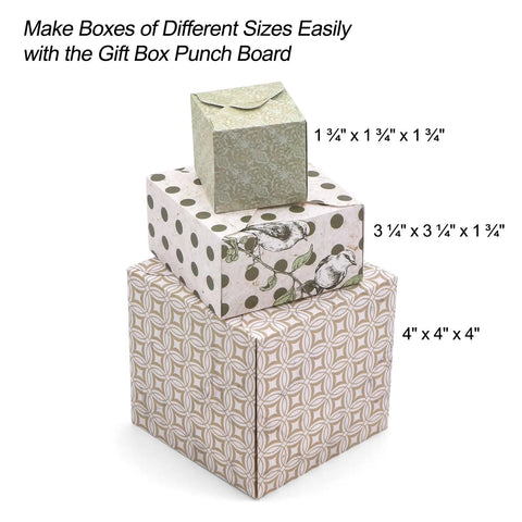 Three custom gift boxes of various sizes made with No Stress 3 In 1 Envelope Punch Board And Gift Box Maker.