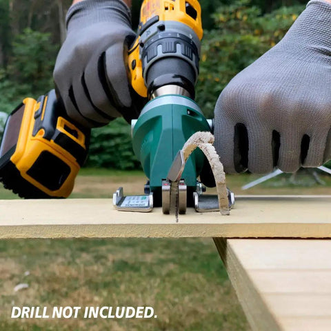 Snapper Shear Siding Pro cordless drill attachment cutting fiber cement siding with gloves outdoors