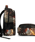 Castle Fire Wyrm Printed Unisex Backpack With Large Capacity, Durable Polyester, side view of dragon print on front panel.