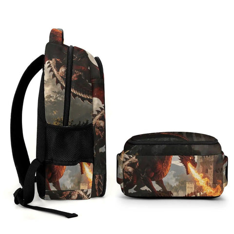 Castle Fire Wyrm Printed Unisex Backpack With Large Capacity, Durable Polyester, side view of dragon print on front panel.