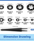 Dimension drawing of 261 Pcs Lock Washer And E Clip Kit with size details, including tweezers.