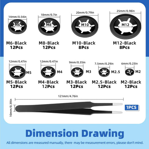 Dimension drawing of 261 Pcs Lock Washer And E Clip Kit with size details, including tweezers.