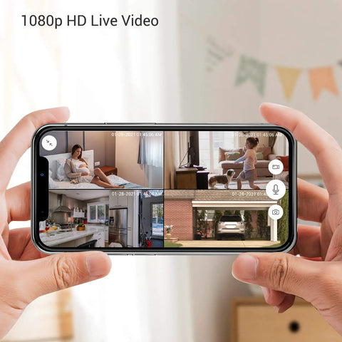 Person holding phone displaying 1080p Outdoor Wireless Camera System 3 Pack Indoor Outdoor WiFi Security Cameras live feed.