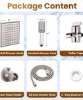 Package content of Dual Shower Head System With 8 Inch Square Rainfall Head And Handheld Spray 60 Inch Hose 3 Way Diverter
