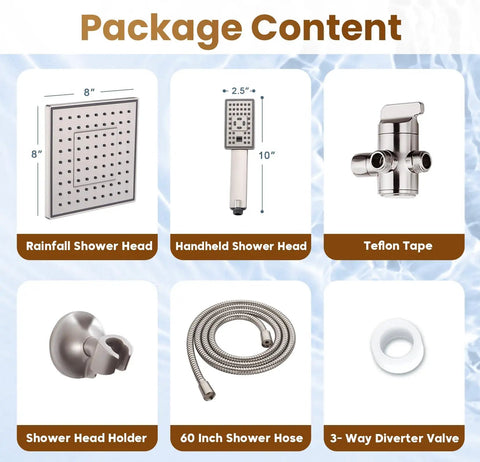 Package content of Dual Shower Head System With 8 Inch Square Rainfall Head And Handheld Spray 60 Inch Hose 3 Way Diverter