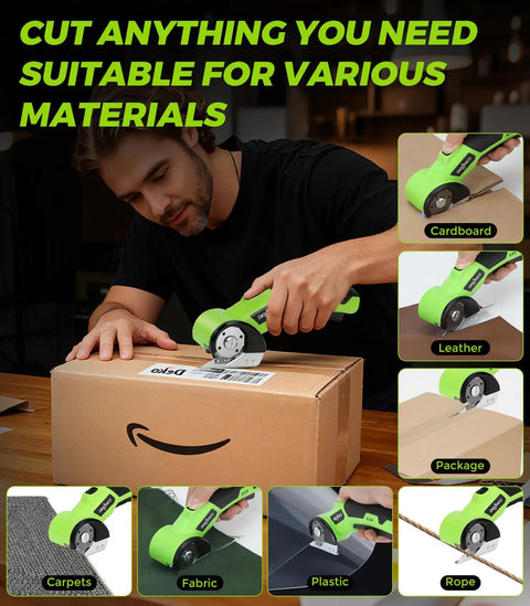 Heavy Duty Cordless Electric Scissors With Led Light And Safety Lock cutting cardboard and various materials on a table.
