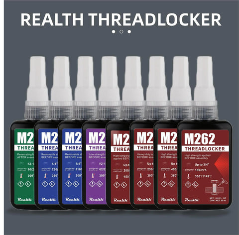 Threadlocker bottle set, Realth brand, 50 ml each with color-coded labels