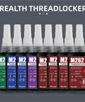 Assorted Realth threadlocker bottles, each labeled with strength and viscosity, arranged in a row against a gray background.