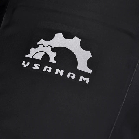 Close-up of reflective gear logo on 10L Waterproof Bike Saddle Bag With Roll Top Closure, Adjustable Capacity, Universal Fit.