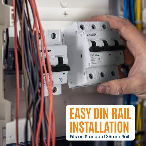 63 Amp 3 Pole DIN Rail Mounted Miniature Circuit Breaker For 120/240V Systems With Thermal Magnetic AC Disconnect Switch Built Tough Overload Protection For Home Garage Workshop And Emergency Generator Setups installed on DIN rail in panel