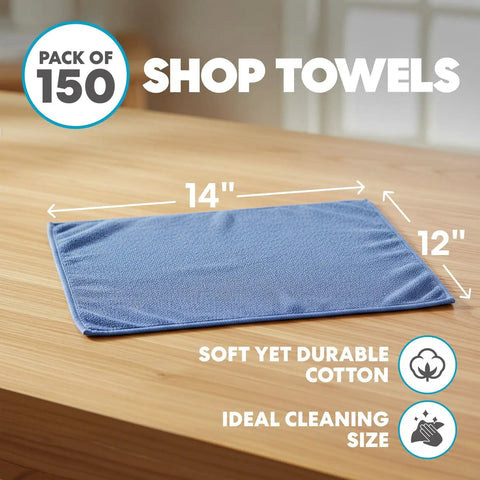 Blue Reusable Shop Towels 14 By 12 Inches Pack Of 150 Cotton Cleaning Rags For Home And Garage That Are Eco Friendly Absorbent Durable And Machine Washable A Smarter Alternative To Paper Towels displayed on a wooden table