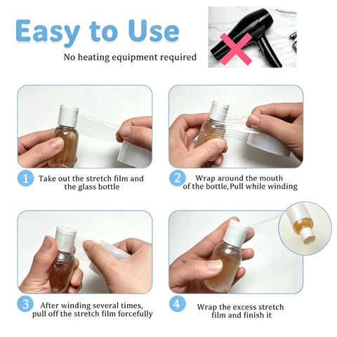 Heavy Duty Stretchable Shrink Film For Snug Bottle Jar And Can Sealing No Heat Packaging Roll applied to secure a bottle.